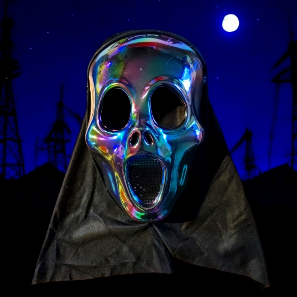 Happy Halloween Oil Slick Black Iridescent Skull Scream Hooded Mask Horror